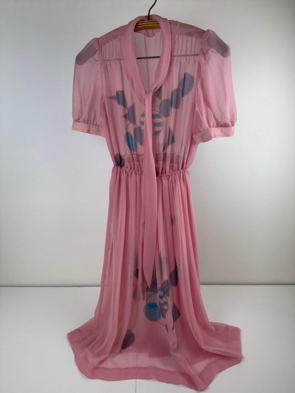 Pink Sheer Tie-Neck Midi Dress with Graphic Detail